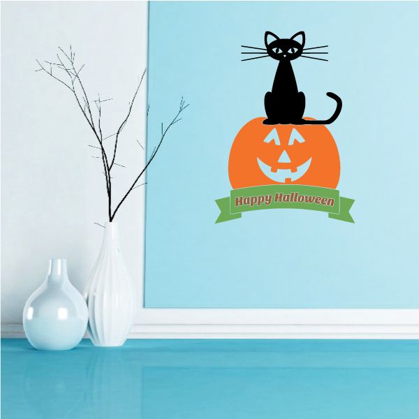 Image of Happy Halloween Pumpkin and Black Cat Decal