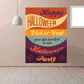 Halloween party sticker with orange and purple text "Happy Halloween" and "Trick or Treat".