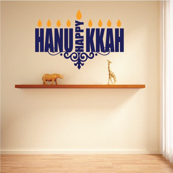 Happy Hanukkah menorah wall decal with candle icons and Happy Hanukkah lettering