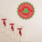 Happy Holidays bell sticker, green round badge with bear and red text