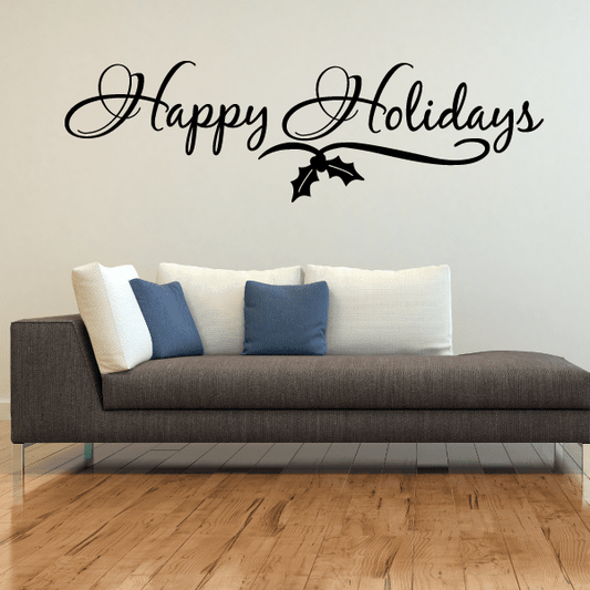 Image of Happy Holidays Script with Holly Decal