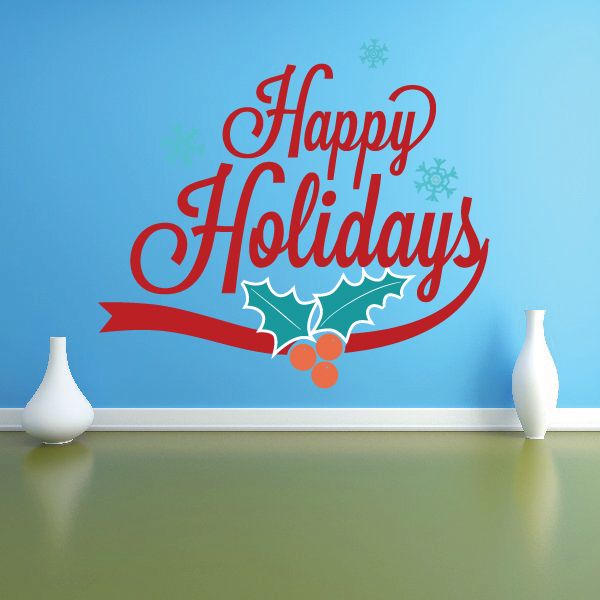 Image of Happy Holidays with Holly and Snowflakes Printed Decal