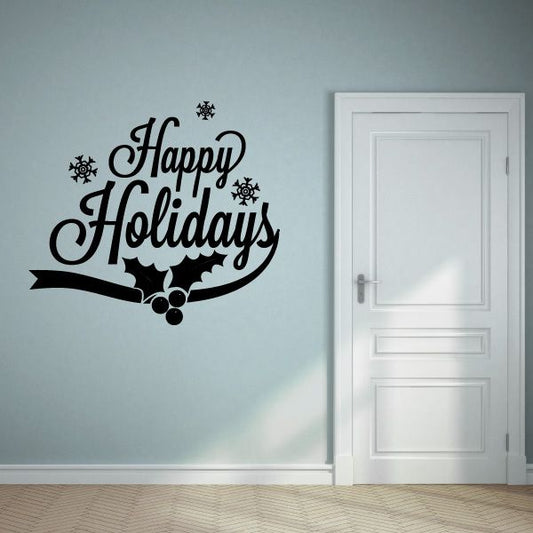 Image of Happy Holidays with Snow and Holly Decal