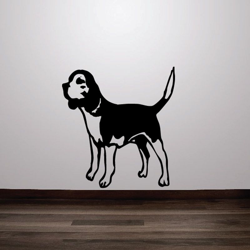 Happy Hunting beagle decal, black silhouette dog with leash