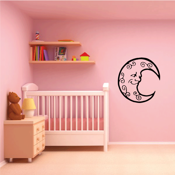 Moon swirl wall decal with smiling moon and curled swirling designs