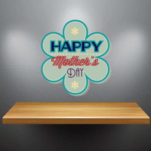 Happy Mother’s Day flower-shaped sticker with blue and teal lettering and floral accents