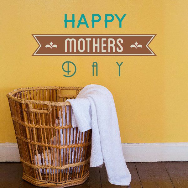 Happy Mothers Day typography wall decal with ribbon banner text in teal and gray