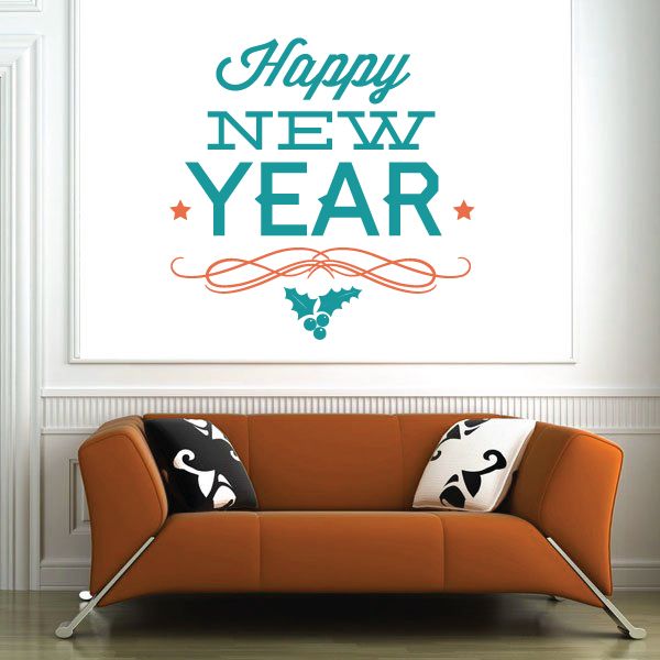 Image of Happy New Year with Holly Printed Decal