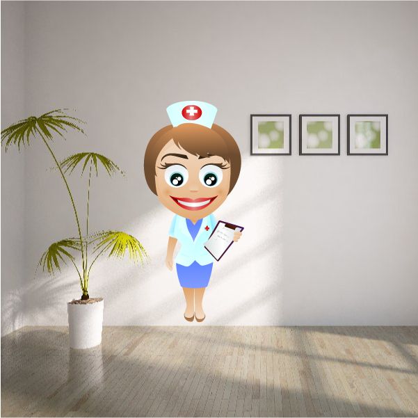Happy nurse sticker: cartoon nurse in white cap and blue scrubs, holding clipboard
