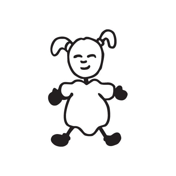 Happy baby pigtail decal, smiling cartoon baby with bow pigtails and black outline
