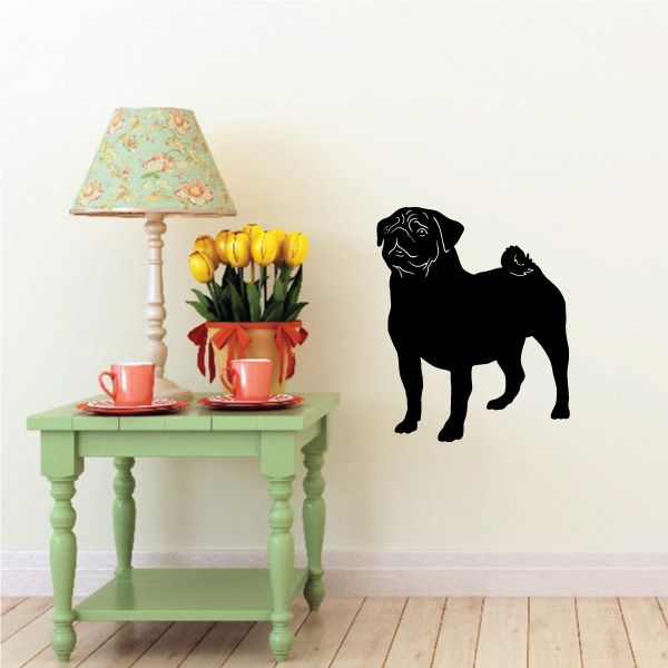 Black pug decal silhouette with curled tail and smiling face