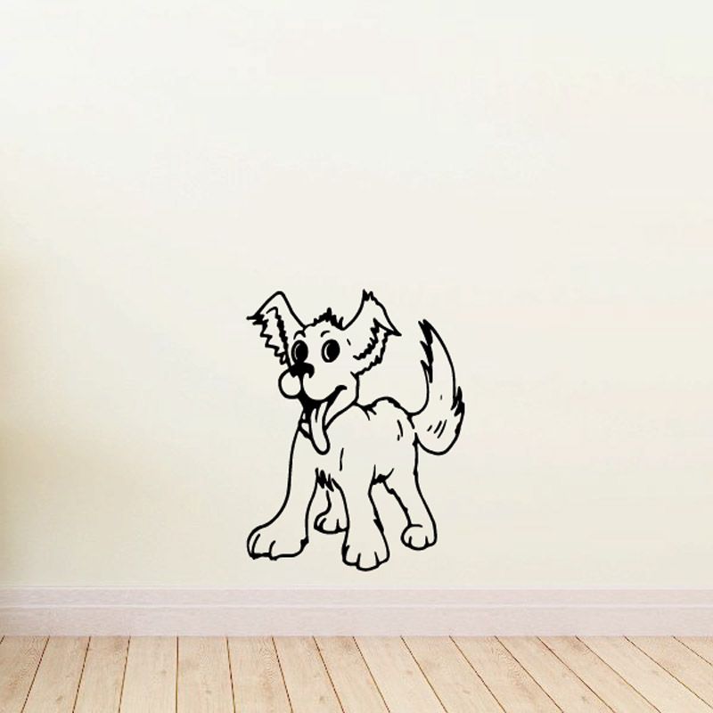 Happy puppy decal in black line art, standing with tongue out