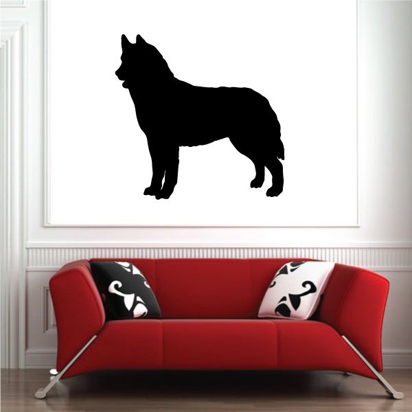 Happy Siberian Husky decal with black dog silhouette on white background