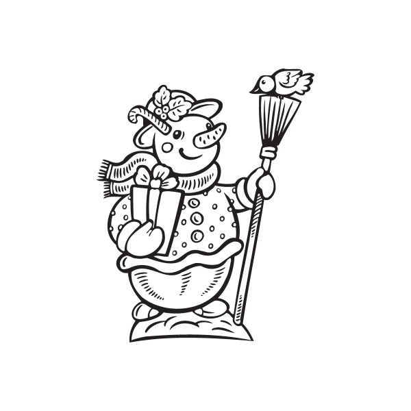 Image of Happy Snowman Holding Gift and Broom Decal