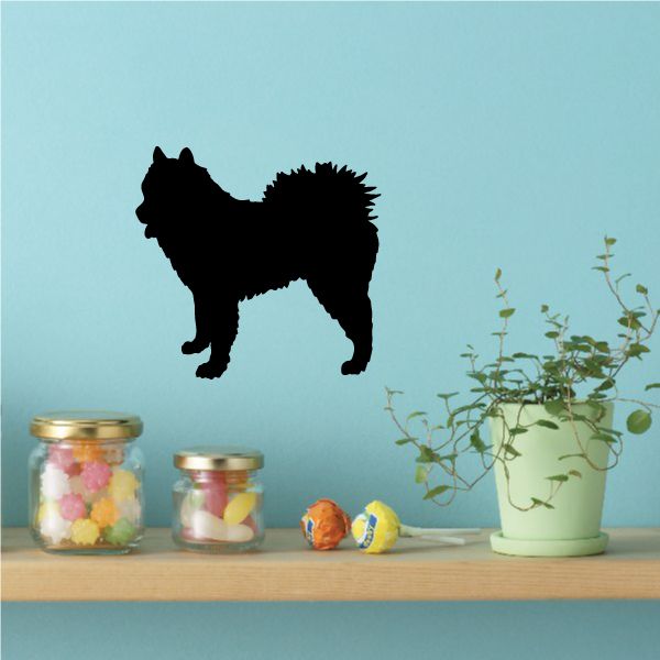 Happy Spitz dog decal with black silhouette, standing side profile