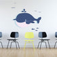 Whale wall sticker set with blue happy spouting whale and small sea bubbles