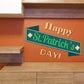 Green angled St. Patrick's Day banner decal with shamrocks and “Happy St. Patrick’s Day!”