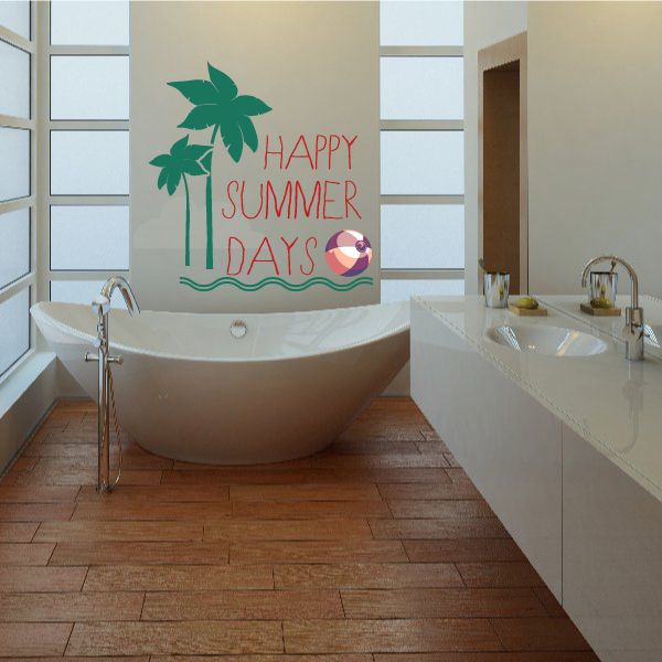 Happy Summer Days wall decal with palm trees, beach ball, and pastel quote text