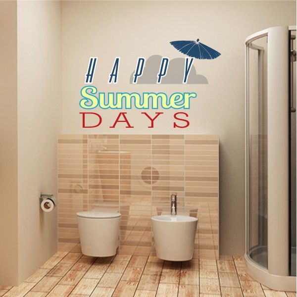 Happy Summer Days vinyl wall decal with striped lettering and blue umbrella icon