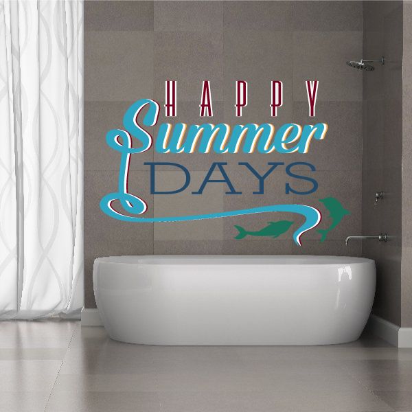 Vinyl wall decal with Happy Summer Days lettering and dolphin graphic, red and blue