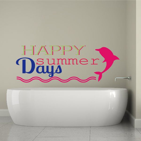 Happy Days summer wall decal with dolphin, colorful lettering and wave lines