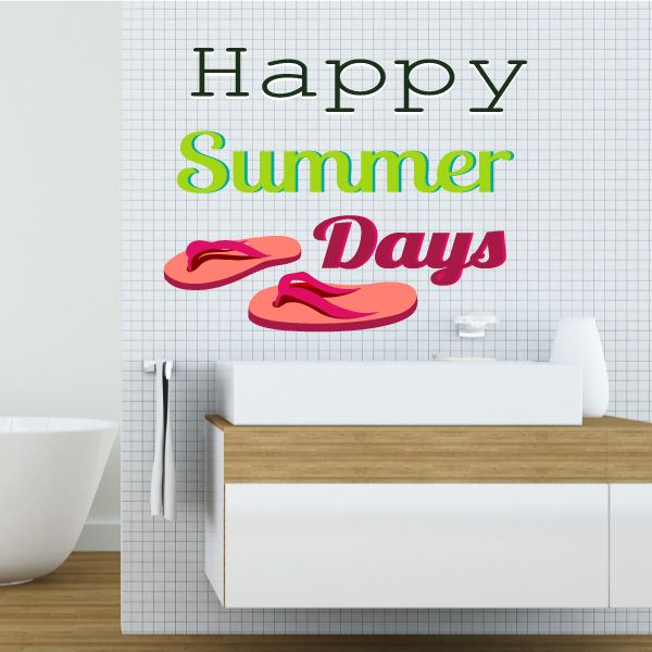 Happy Summer Days quote wall decal with green, pink text and pink flip-flops