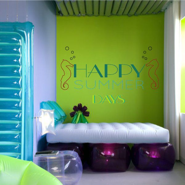 Sea horse quote wall decal reading “Happy Summer Days” in teal lettering
