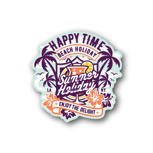 Happy Time beach holiday vinyl sticker, circular badge with palm trees and surf wave