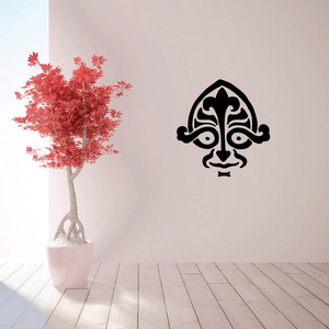 Happy tribal mask decal, black stylized face with ornate lines