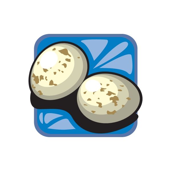 Hard-boiled egg sticker showing two beige eggs with speckled centers on a blue design