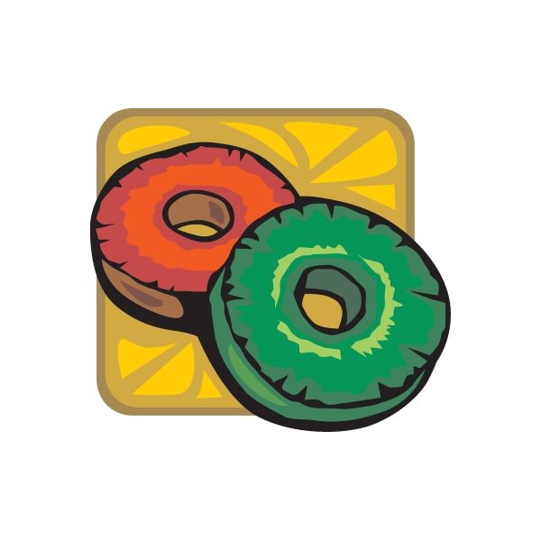 Hard candies sticker with two donut-shaped candies, red and green, on yellow burst.