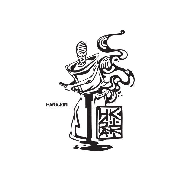 Spray paint can decal with a black line-art koi figure and HARA-KIRI text