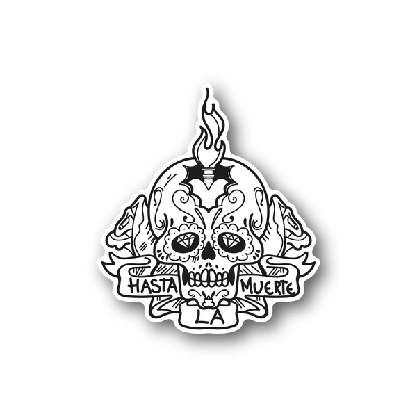Skull candle vinyl sticker with flame, ornate face and Hasta la Muerte text.