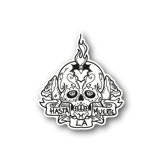 Skull candle vinyl sticker with flame, ornate face and Hasta la Muerte text.