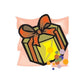 Gift box present sticker with ribbon bow, colorful confetti design