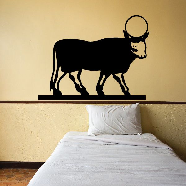 Black Egyptian bull wall decal with sun disk, vinyl silhouette