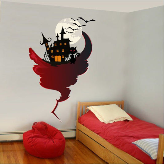 Image of Haunted House Black Cat and Bats Sticker