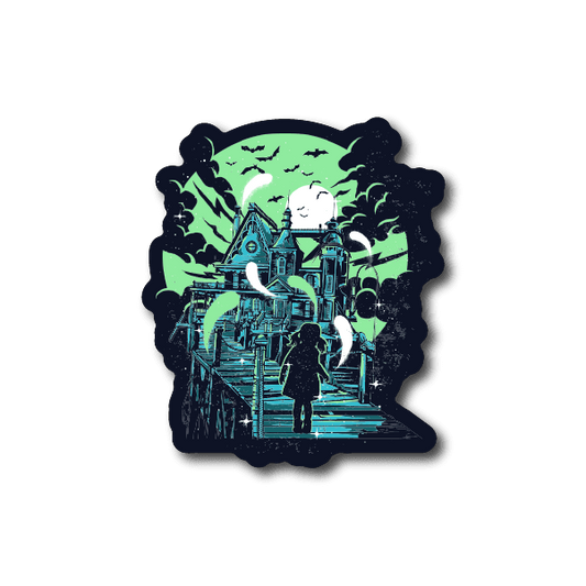 Haunted house vinyl sticker with spooky castle and walkway scene in green and dark blue.