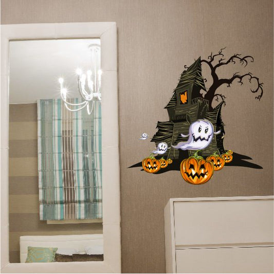 Image of Haunted House with Ghosts Printed Die Cut Decal