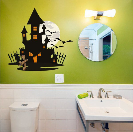 Image of Haunted House with Grave Printed Die Cut Decal