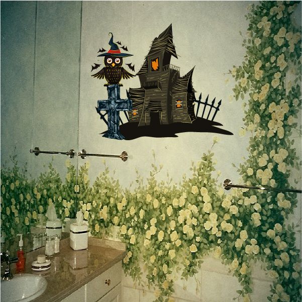 Image of Haunted House with Owl and Tombstone Sticker