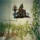 Halloween haunted house sticker with owl, tombstone, and picket fence