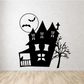 Haunted house wall decal with bats, moon, black tree, and spooky windows