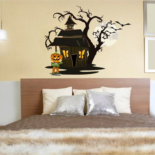 Image of Haunted House with Pumpkin Monster Printed Die Cut Decal