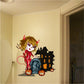 Cartoon haunted house devil and tombstone sticker, red devil girl with pumpkins