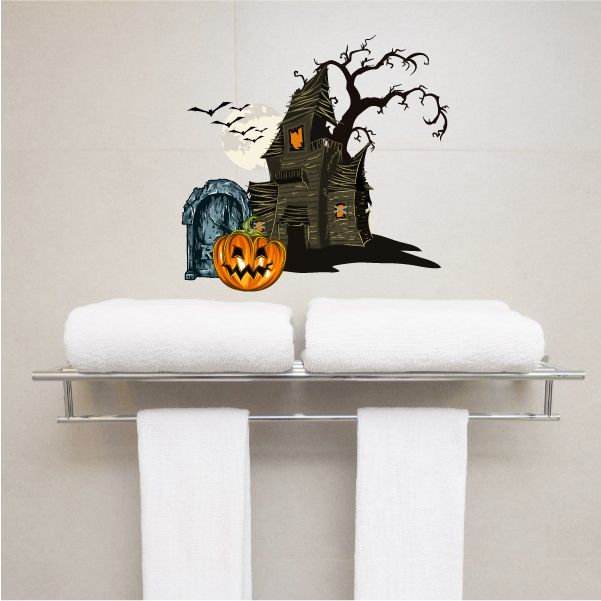 Image of Haunted House with Tombstone Printed Die Cut Decal