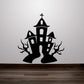 Black haunted house and tree silhouette wall decal with cross and flames