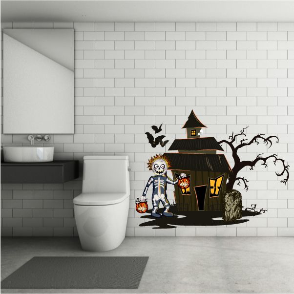 Image of Haunted House with Trick or Treater Printed Die Cut Decal