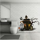 Haunted house die-cut decal with skeleton figure and orange trick-or-treat sign