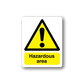 Hazardous area sticker with yellow warning triangle and exclamation, text 'Hazardous area'.